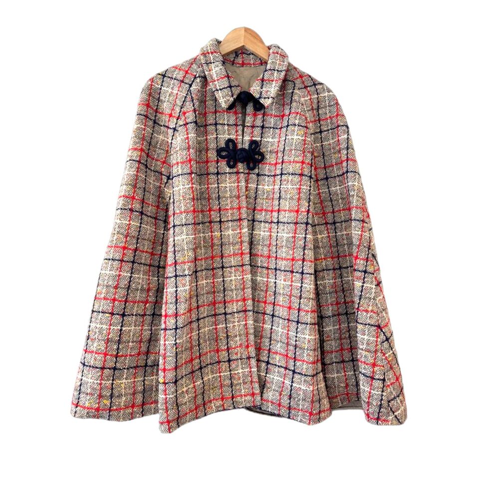 Vintage Unbranded Plaid Cape Red Grey Plaid Windowpane Dark Accademia Tweed